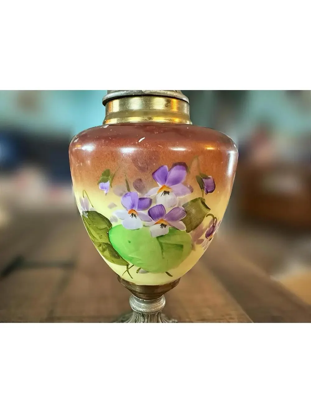 Vintage Hand-Painted Floral Metal-Top Urn Vase